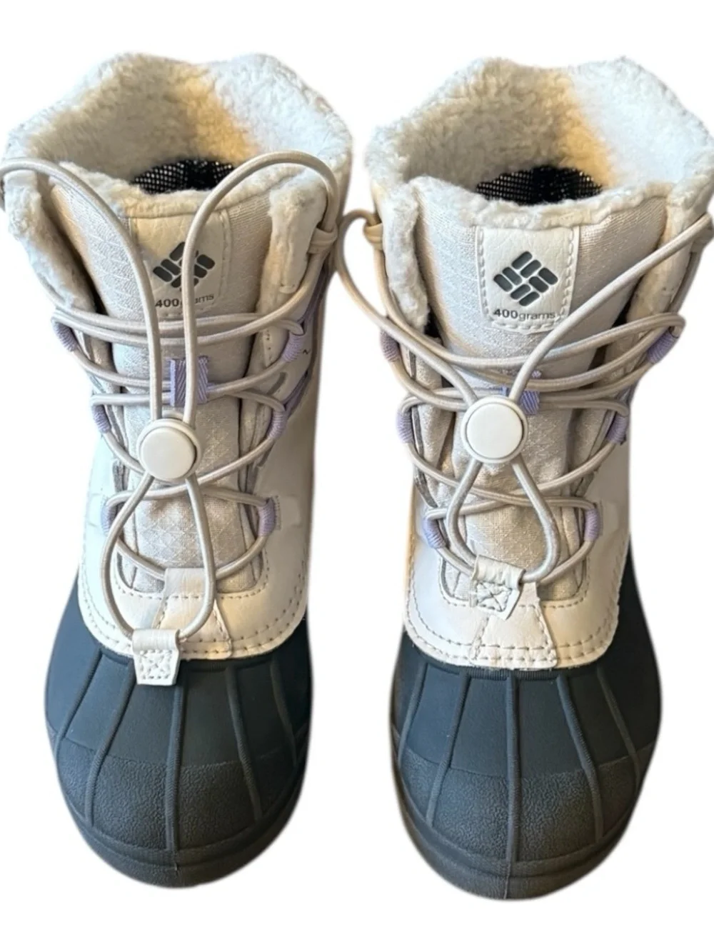 Columbia Kids White and Black Insulated Snow Boots with Lavender Accents